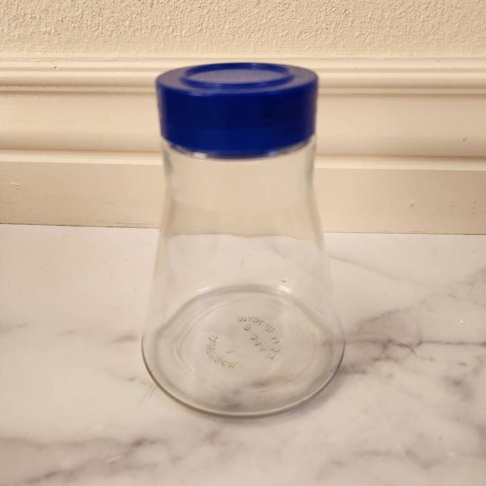 Androck 1 made USA clear glass flask blue bottle cap kitchen storage 70s vintage